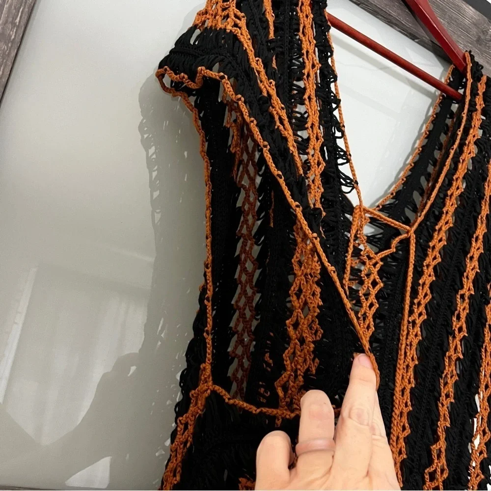 Black and Brown Crochet Swim Cover-Up Boho Gypsy Delicate - Picture 6 of 8